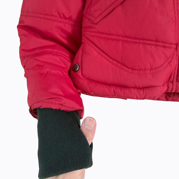 Red Quilted Puffer Jacket Sz S Black Fur Trim Floral Outdoor Winter Gorp Utility - Picture 6 of 14